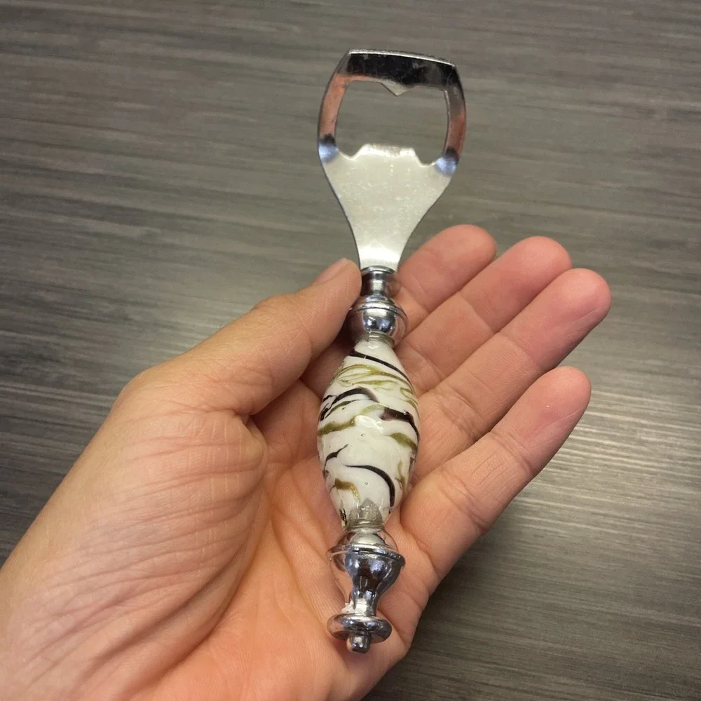 Bottle Opener With White Glass Handle‎ Purple And Gold Swirls